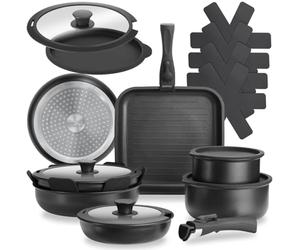 tectake® 17-Piece Cookware Set in Stainless Aluminium with Non-Stick Coating, Pot & Frying Pan Set, Incl. 4 Pans, 2 Pots, 4 Lids & Detachable Handles, Compatible with Induction, Gas & Electric Hobs