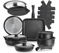 tectake® 17-Piece Cookware Set, Stainless Aluminium with Non-Stick Coating | Dishwasher-Safe Pot & Frying Pan Set - 4 Pans, 2 Pots, 2 Glass Lids & Detachable Handles, for Induction, Gas & Electric Hobs