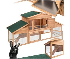 tectake® 2-Level Rabbit Hutch in Fir Wood & Galvanised Steel, Outdoor Rabbit Cage with Bitumen Roof, 4 Lockable Doors & 2 Climbing Ladders, Easy-to-Clean Bunny & Guinea Pig Hutch - 226 x 77 x 95.5 cm