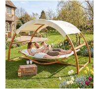 tectake® 2-Person Hammock with Stand, 328 x 160 x 172 cm, Sturdy Hammock with 250 kg Load, Sun Canopy, Wooden Frame & Water-Repellent Fabric, Incl. 2 Cushions, Ideal Swing Chair for Garden, Patio