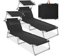 Tectake 2 Set Of 2 Sun Loungers Chloé, Foldable With Sunroof, 4-Step Backrest, Head Cushion - Black