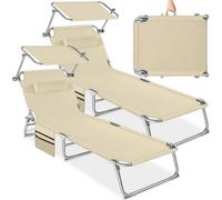 Tectake 2 Set Of 2 Sun Loungers - Foldable, Adjustable Sun Canopy - Beige