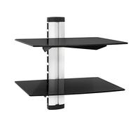 TecTake® 2-Tier Floating Shelves with Cable Management, Sturdy Black Glass Shelves with Steel Mount, Height-Adjustable TV Wall Shelf Unit for Consoles, Games, Speakers & DVD Storage - Black/Silver