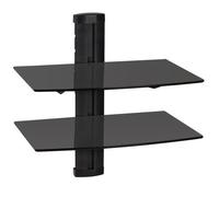TecTake® 2-Tier Floating Shelves with Cable Management, Sturdy Black Glass Shelves with Steel Mount, Height-Adjustable TV Wall Shelf Unit for Consoles, Games, Speakers & DVD Storage - Black