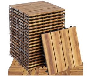 tectake® 20-Piece Wooden Decking Tile Set in Weather-Resistant Acacia Wood, 31 x 31 cm per Tile, 1.922m² Total Area, Easy Interlocking Click System - Garden, Balcony & Patio Decking Tiles - Brown