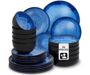 Tectake 24 Pc Dinner Set Mare In Glazed Stoneware For 6 People, Microwave- And Dishwasher-Safe - Blue