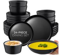 tectake® 24-Piece Stoneware Dinner Set for 6 People, Durable Glazed Stoneware Dinner Plates and Bowls, Microwave- and Dishwasher-Safe Plate Set - Modern Tableware for Versatile Use - Black