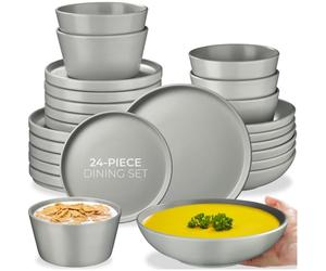 tectake® 24-Piece Stoneware Dinner Set for 6 People, Durable Glazed Stoneware Dinner Plates and Bowls, Microwave- and Dishwasher-Safe Plate Set - Modern Tableware for Versatile Use - Grey