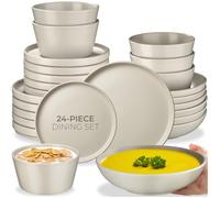 tectake® 24-Piece Stoneware Dinner Set for 6 People with Plates and Bowls | Modern Tableware, In owls, Dinner, Dessert & Soup Plates, Glazed Stoneware, Microwave- & Dishwasher-Safe Plate Set, Taupe