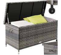 tectake® 270L Garden Storage Box with UV-Resistant Polyattan Weave & Powder-Coated Steel Frame, Lockable Outdoor Storage Box with Gas Spring, 2 Castors & Removable Inner Lining, Easy Assembly - Grey