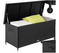 tectake® 270L Garden Storage Box with UV-Resistant Polyattan Weave & Powder-Coated Steel Frame, Lockable Outdoor Storage Box with Gas Spring, 2 Castors & Removable Inner Lining, Easy Assembly - Black