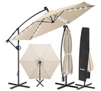 tectake® 3.5 m Cantilever Parasol with LED Solar Lights, 360° Rotation & Tilt Function, Garden Umbrella with Hand Crank, UV50+ Protected Canopy & Cover, Sun Shade for Garden, Patio & Balcony - Beige