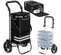 tectake® 3-in-1 Folding Shopping Trolley on Wheels, Suitable as Shopping Cart, Sack Barrow & Shoulder Bag, 40L Folding Trolley with Aluminium Frame, Cooler Compartment & Adjustable Handle - Black