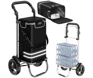 tectake® 3-in-1 Folding Shopping Trolley on Wheels, Suitable as Shopping Cart, Sack Barrow & Shoulder Bag, 40L Folding Trolley with Aluminium Frame, Cooler Compartment & Adjustable Handle - Black
