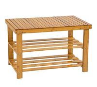 tectake® 3-Tier Bamboo Shoe Rack with Seat & 2 Storage Shelves, 70 x 28 x 45.5 cm, Slatted Shoe Storage Bench in Lacquered Bamboo, Easy Assembly, Compact Shoe Bench for Hallways, Entryways, Bedroom