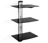 TecTake® 3-Tier Floating Shelves with Cable Management, Sturdy Black Glass Shelves with Steel Mount, Height-Adjustable TV Wall Shelf Unit for Consoles, Games, Speakers & DVD Storage - Black/Silver