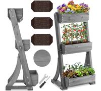 tectake® 3-Tier Vertical Planter in Varnished Fir Wood, Raised Planter for Flowers, Herbs & Vegetables, Incl. Fleece Lining, Raised Garden Bed for Garden, Patio & Balcony - Grey, 60 x 49 x 140 cm