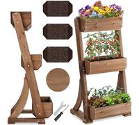 TecTake® 3-Tier Vertical Planter in Varnished Fir Wood, Raised Planter for Flowers, Herbs & Vegetables, Incl. Fleece Lining, Raised Garden Bed for Garden, Patio & Balcony - Brown, 60 x 49 x 140 cm