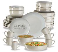 tectake® 30-Piece Stoneware Dinner Set for 6 People, Incl. Dinner Plates, Bowls & Mugs in Glazed Stoneware, Microwave- & Dishwasher-Safe Tableware, Handcrafted Maritime-Style Crockery Set - Grey