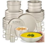 tectake® 30-Piece Stoneware Dinner Set for 6 People, Durable Glazed Stoneware Mugs, Dinner Plates and Bowls, Microwave- and Dishwasher-Safe Plate Set - Modern Tableware for Versatile Use - Taupe