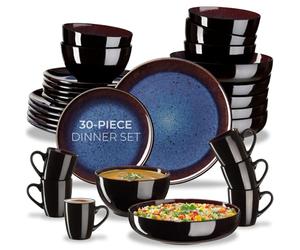 tectake® 30-Piece Stoneware Dinner Set for 6 People, In inner Plates, Bowls & Mugs in Glazed Stoneware, Microwave- & Dishwasher-Safe Tableware, Handcrafted Maritime-Style Crockery Set - Blue/Brown