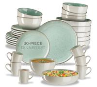 tectake® 30-Piece Stoneware Dinner Set for 6 People, In inner Plates, Bowls & Mugs in Glazed Stoneware, Microwave- & Dishwasher-Safe Tableware, Handcrafted Maritime-Style Crockery Set - Mint