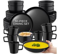 tectake® 30-Piece Stoneware Dinner Set for 6 People, Durable Glazed Stoneware Mugs, Dinner Plates and Bowls, Microwave- and Dishwasher-Safe Plate Set - Modern Tableware for Versatile Use - Black