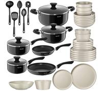 tectake® 39-Piece Cookware & Dinner Set for 6 People, Glazed Stoneware Dinnerware, Non-Stick Stainless Aluminium Cooking Pot & Pan Set - Cooking Set for Gas, Electric & Ceramic Hobs - Taupe/Black