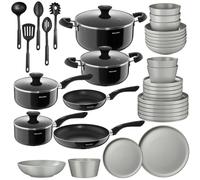 tectake® 39-Piece Cookware & Dinner Set for 6 People, Glazed Stoneware Dinnerware, Non-Stick Stainless Aluminium Cooking Pot & Pan Set - Cooking Set for Gas, Electric & Ceramic Hobs - Grey/Black
