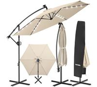 tectake® 3m Cantilever Parasol with LED Solar Lights, 360° Rotation & Tilt Function, Garden Umbrella with Hand Crank, UV50+ Protected Canopy & Cover, Sun Shade for Garden, Patio & Balcony - Beige