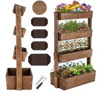 tectake® 4-Tier Vertical Planter in Varnished Fir Wood, Raised Planter for Flowers, Herbs & Vegetables, In leece Lining, Raised Garden Bed for Garden, Patio & Balcony - Brown, 85 x 45 x 140 cm