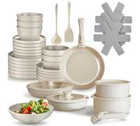 tectake® 40-Piece Cookware & Stoneware Dinner Set for 6 People, Stainless Aluminium Cooking Pot & Pan Set - Ceramic Non-Stick Cooking Set for Induction, Gas, Electric & Ceramic Hobs - Taupe/White