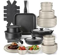 tectake® 41-Piece Cookware & Dinner Set for 6 People, Incl. Glazed Stoneware Tableware & Non-Stick Stainless Aluminium Cooking Pots & Pan Set for Induction, Gas, Electric & Ceramic Hobs - Black/Taupe
