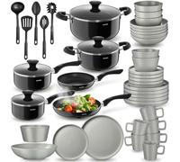 tectake® 45-Piece Cookware & Dinner Set for 6 People, Glazed Stoneware Dinnerware, Non-Stick Stainless Aluminium Cooking Pot & Pan Set for Induction, Gas, Electric & Ceramic Hobs - Grey/Black