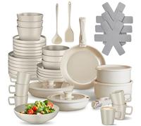 tectake® 46-Piece Cookware & Stoneware Dinner Set for 6 People, Stainless Aluminium Cooking Pot & Pan Set - Ceramic Non-Stick Cooking Set for Induction, Electric, Gas & Ceramic Hobs - Taupe/White