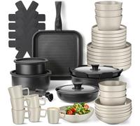 tectake® 47-Piece Cookware & Dinner Set for 6 People, Incl. Glazed Stoneware Tableware & Non-Stick Stainless Aluminium Cooking Pots & Pan Set for Induction, Gas, Electric & Ceramic Hobs - Black/Taupe