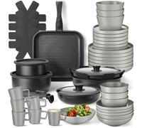 tectake® 47-Piece Cookware & Dinner Set for 6 People, Incl. Glazed Stoneware Tableware & Non-Stick Stainless Aluminium Cooking Pots & Pan Set for Induction, Gas, Electric & Ceramic Hobs - Black/Grey