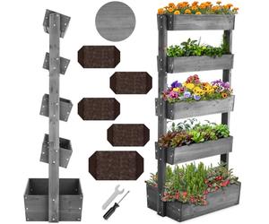 tectake® 5-Tier Vertical Planter in Varnished Fir Wood, Raised Planter for Flowers, Herbs & Vegetables, In leece Lining, Raised Garden Bed for Garden, Patio & Balcony - Grey, 81 x 52 x 180 cm