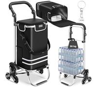 tectake® 56L Shopping Trolley on Wheels with 3-in-1 Function as Grocery Trolley, Shoulder Bag & Sack Truck, Folding Shopping Cart with Aluminium Frame, Stair-Climbing Wheels & Cooler Bag - Black