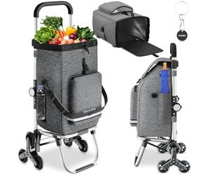tectake® 56L Shopping Trolley on Wheels with 3-in-1 Function as Grocery Trolley, Shoulder Bag & Sack Truck, Folding Shopping Cart with Aluminium Frame, Stair-Climbing Wheels & Cooler Bag - Grey