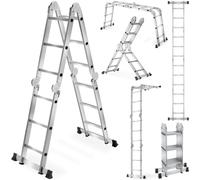 tectake® 6-in-1 Multi-Purpose Extendable Ladder, 3.5m / 11.5ft, 12-Step Folding Ladder in Aluminium & Steel, 150 kg Load, Combination Ladder with Compact Storage, Locking Hinges & Non-Slip Feet