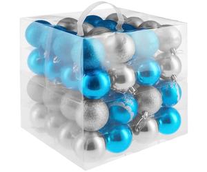 tectake® 64-Pack Christmas Baubles with Glossy, Glittery & Snowflake Design, Durable Silver & Blue Baubles with Tear-Resistant Loops, Ideal Christmas Ornaments for Trees, Garlands - Blue/Silver