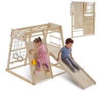 tectake® 7-in-1 Indoor Climbing Frame with Slide & Gymnastic Rings | 108 x 172 x 99 cm, Sturdy Wooden Frame with Rounded Corners, Foldable for Storage, For Kids Aged 3+, 65 kg Load per Element