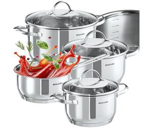 tectake® 7-Piece Pots & Saucepan Set in Stainless Steel with Glass Lids, Dishwasher-Safe Cookware Set with Heat-Resistant Handles & Spiral Bases, Pot & Pan Set for Induction, Gas & Electric Stoves