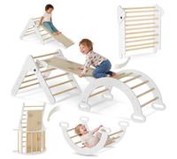 tectake® 8-in-1 Indoor Climbing Frame with Climbing Arch, Triangle & Ramp | 58 x 203.5 x 59 cm, Foldable Wooden Construction, Montessori-Inspired, For Kids Aged 1+, 35 kg Load per Element, Light Grey