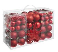 tectake® 86-Pack Christmas Baubles Set with Star & String of Beads, Glossy, Matt & Glittery Finish, Durable Red Baubles with Tear-Resistant Loops, Ideal Christmas Ornaments for Tree, Garlands - Red