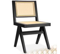 Tectake Accent Chair Lizzy With Mid-Century Modern Design, Rattan Backrest And Solid Wood Frame - Black, Per Piece