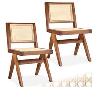 Tectake Accent Chair Lizzy With Mid-Century Modern Design, Rattan Backrest And Solid Wood Frame - Dark Oak, Set Of 2