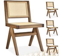 Tectake Accent Chair Lizzy With Mid-Century Modern Design, Rattan Backrest And Solid Wood Frame - Light Oak, Set Of 4