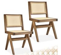 Tectake Accent Chair Lizzy With Mid-Century Modern Design, Rattan Backrest And Solid Wood Frame - Light Oak, Set Of 2